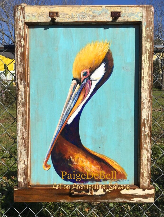 PELICAN PAINTING Original Painting on Architectural Salvage from New Orleans**35x25 *Fine Art by Paige DeBell