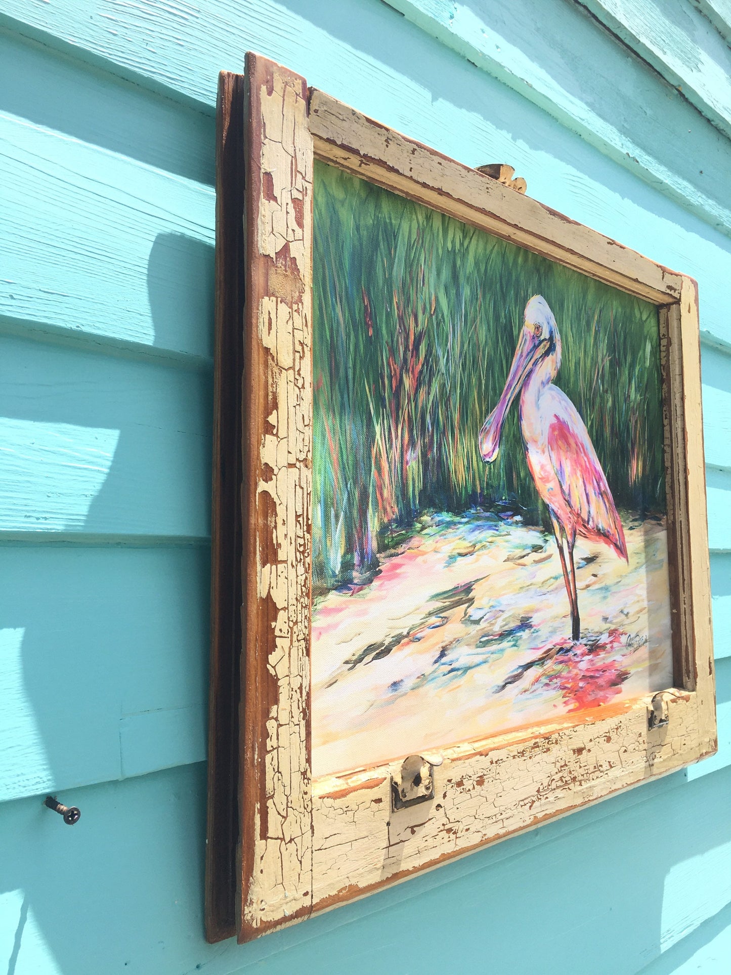 ROSEATE SPOONBILL PAINTING** Architectural Salvage Frame**Vintage Window Sash 20 x 24**  Paige DeBell Fine Art