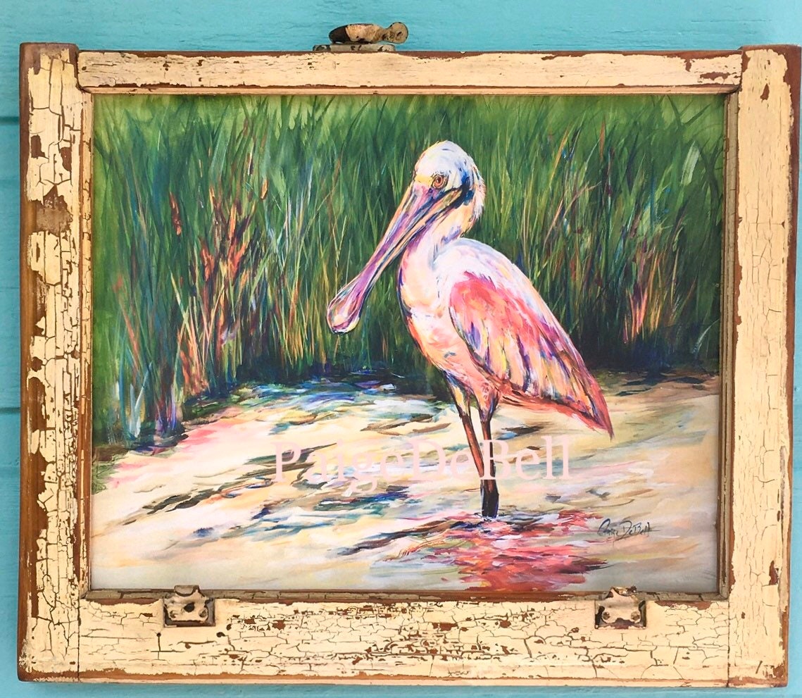 ROSEATE SPOONBILL PAINTING** Architectural Salvage Frame**Vintage Window Sash 20 x 24**  Paige DeBell Fine Art