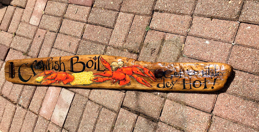CRAWFISH BOIL PAINTING on a Large piece of Driftwood from the Mississippi River by Paige DeBell, New Orleans artist