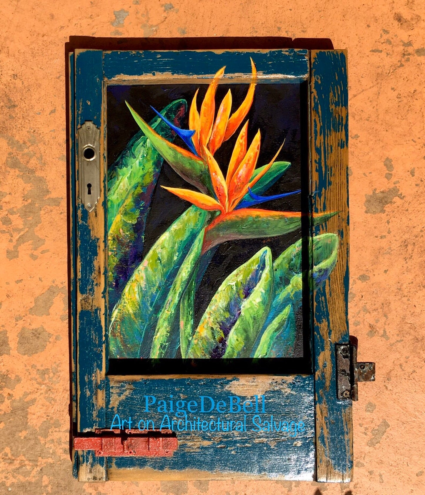 BIRDS of PARADISE PAINTING*  28 x 18 * Original Fine Art Painting on Architectural Salvage by New Orleans artist, Paige DeBell