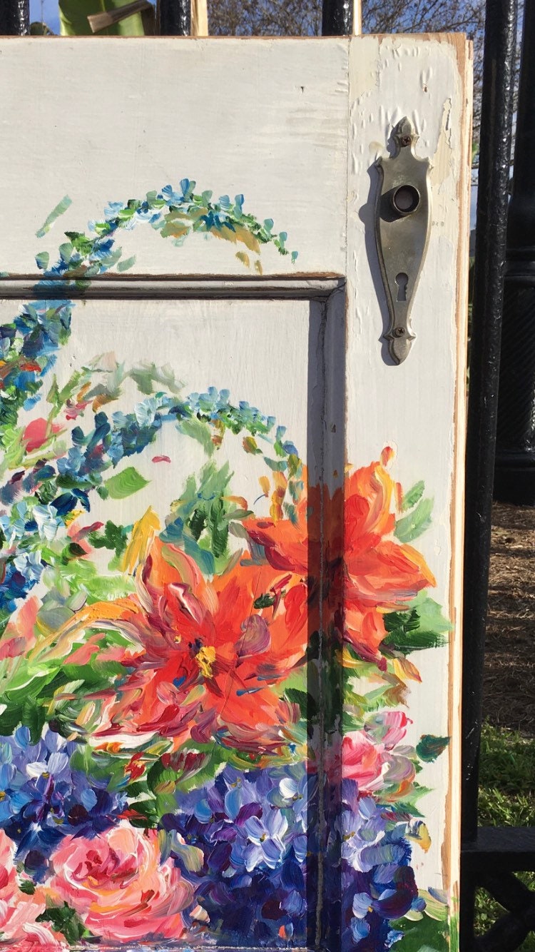 SUMMER GARDEN FLOWERS Original Painting on a Katrina Damaged Door by New Orleans artist, Paige DeBell 35x20