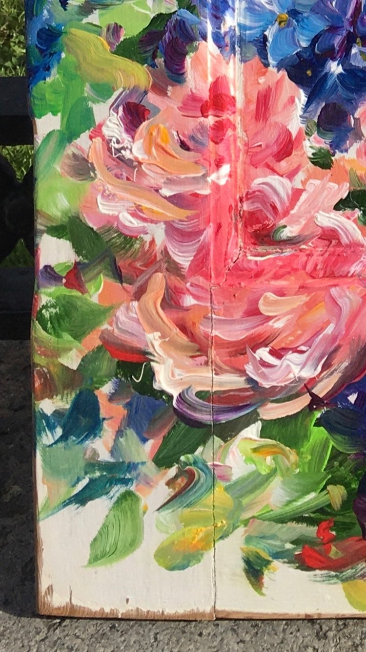 SUMMER GARDEN FLOWERS Original Painting on a Katrina Damaged Door by New Orleans artist, Paige DeBell 35x20