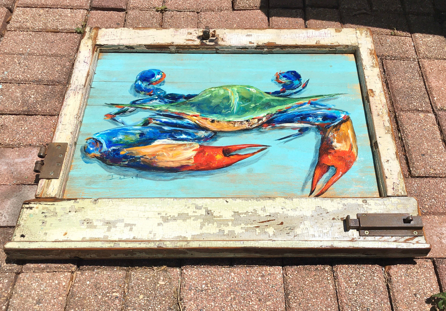 Big Claw BLUE CRAB Original Painting on Architectural Salvage from New Orleans**Fine Art by Paige DeBell