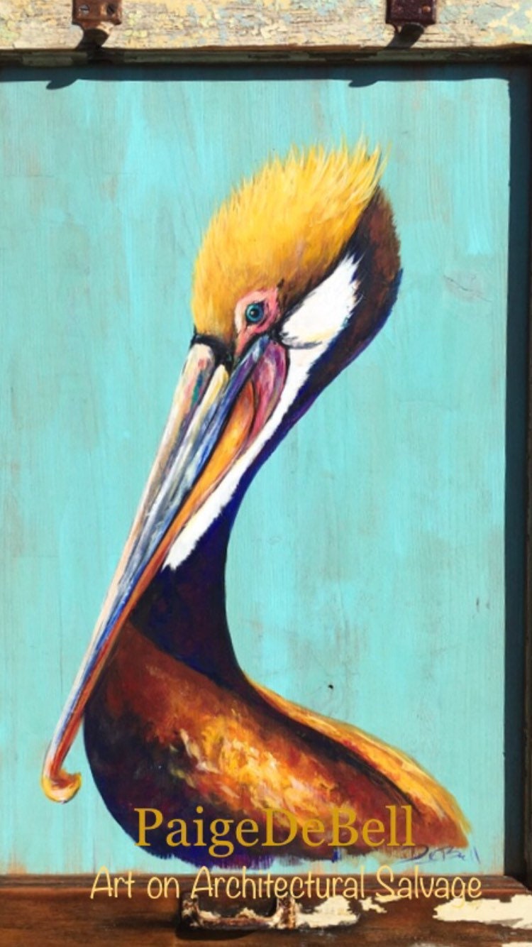 PELICAN PAINTING Original Painting on Architectural Salvage from New Orleans**35x25 *Fine Art by Paige DeBell