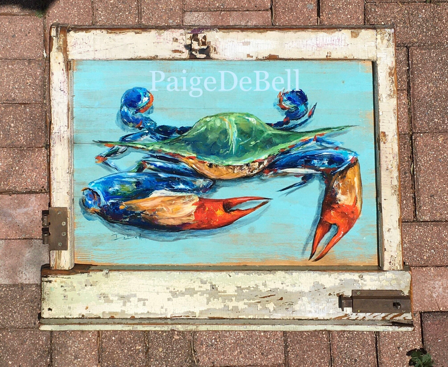 Big Claw BLUE CRAB Original Painting on Architectural Salvage from New Orleans**Fine Art by Paige DeBell