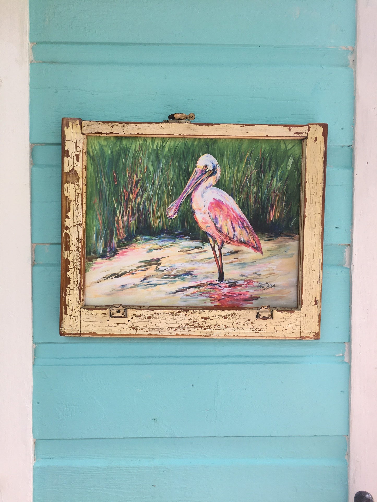 ROSEATE SPOONBILL PAINTING** Architectural Salvage Frame**Vintage Window Sash 20 x 24**  Paige DeBell Fine Art