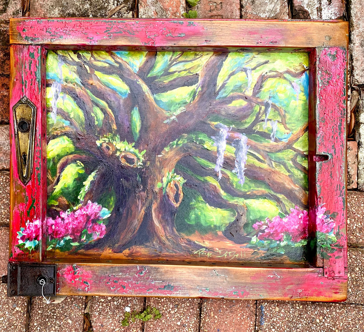 AZALEAS Under the OAKS  Original painting on Architectural Salvage frame.