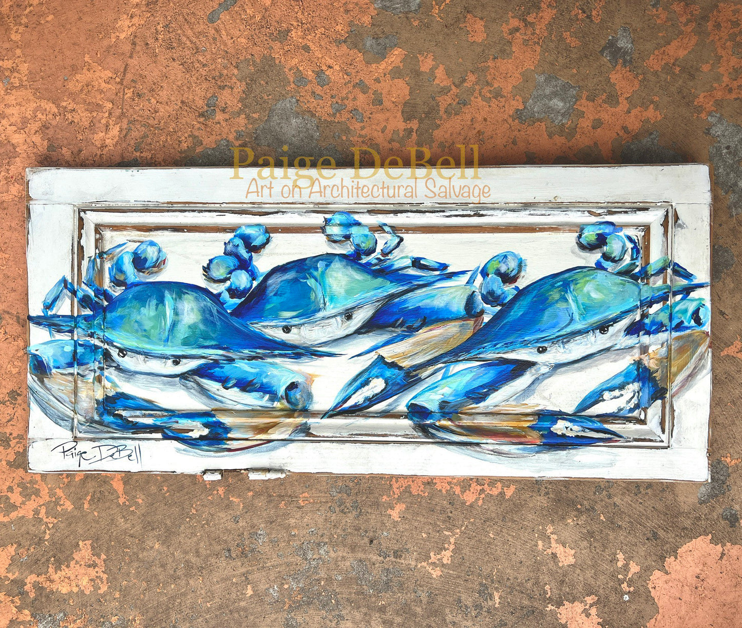 BLUE CRAB Painting** Crab art**New Orleans artist Original CRAB painting****17 x37* Salvage Art