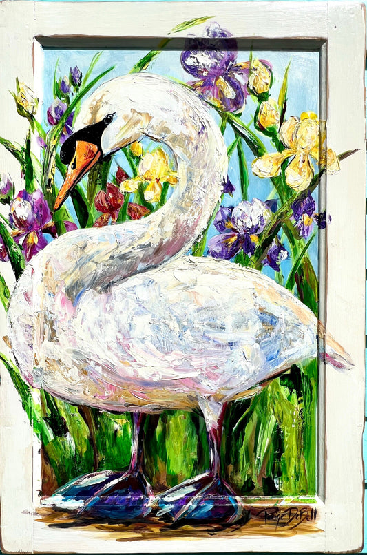 CITY PARK SWAN in the Iris Garden Original painting by New Orleans artist, Paige DeBell