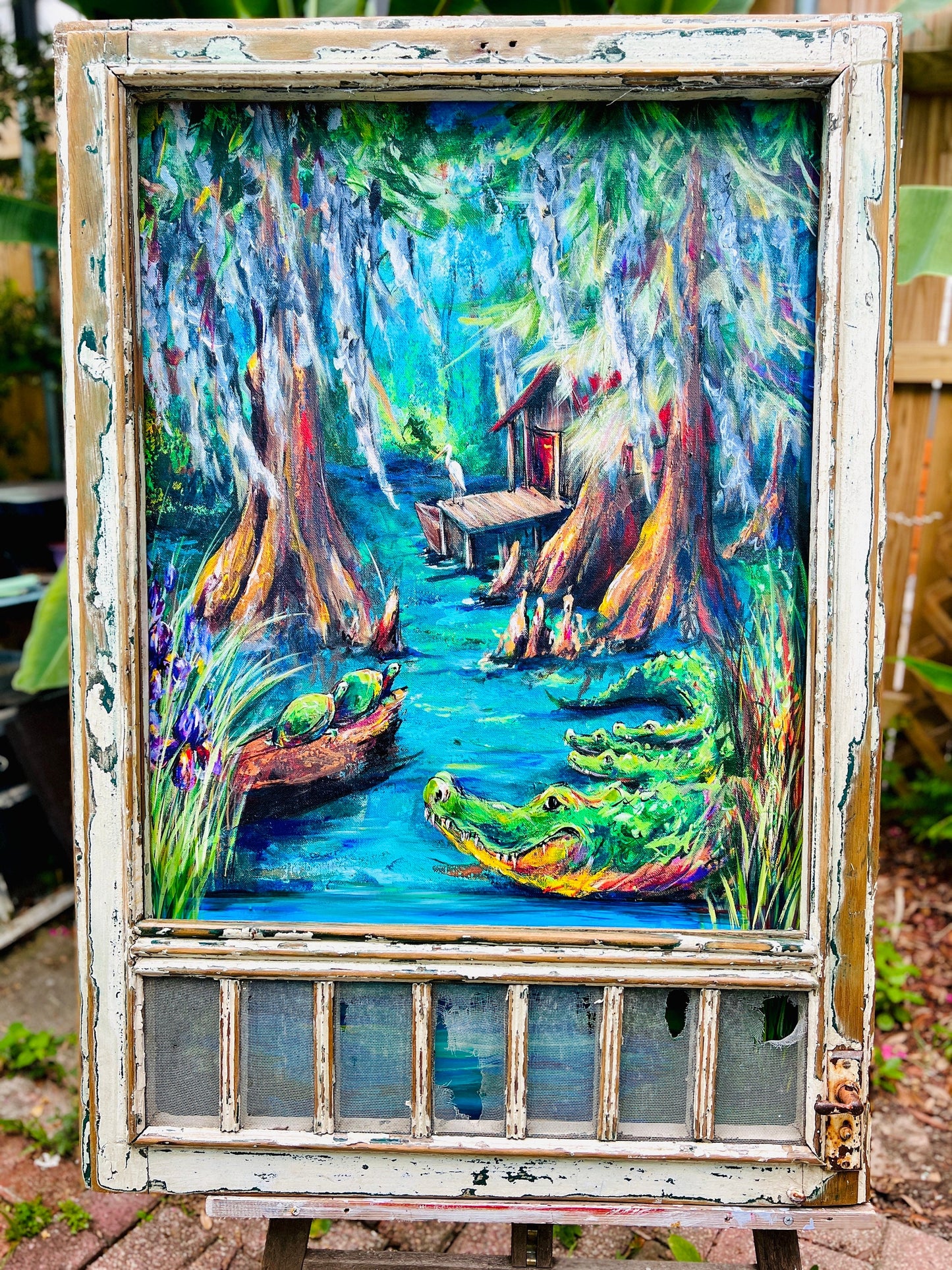 GATOR BAYOU Large Painting **Reclaimed Wood Frame* 46x32 ** Louisiana Swamp Painting