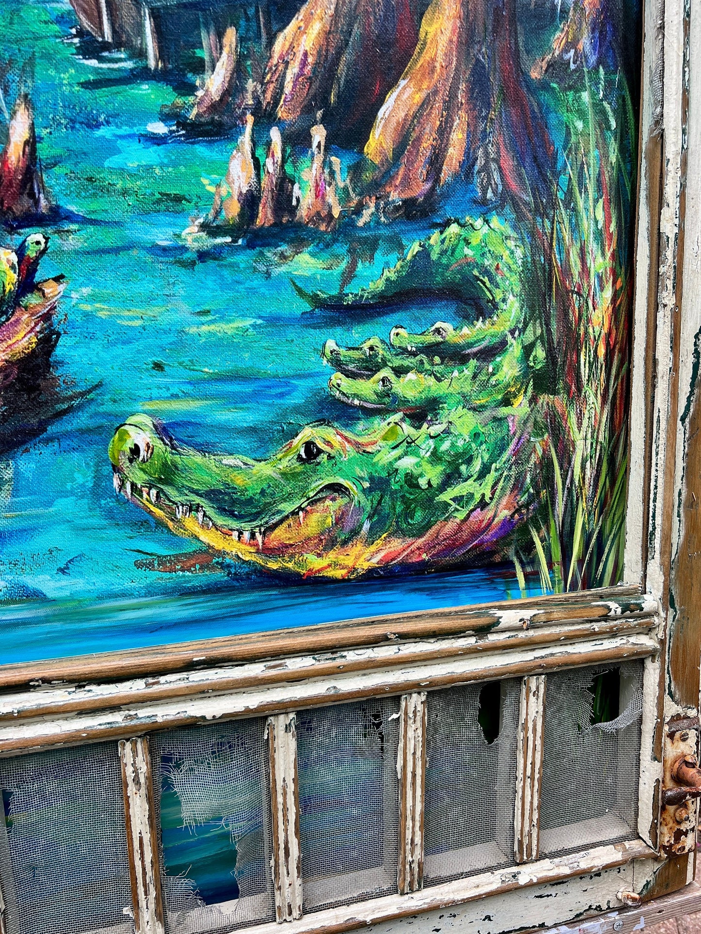 GATOR BAYOU Large Painting **Reclaimed Wood Frame* 46x32 ** Louisiana Swamp Painting