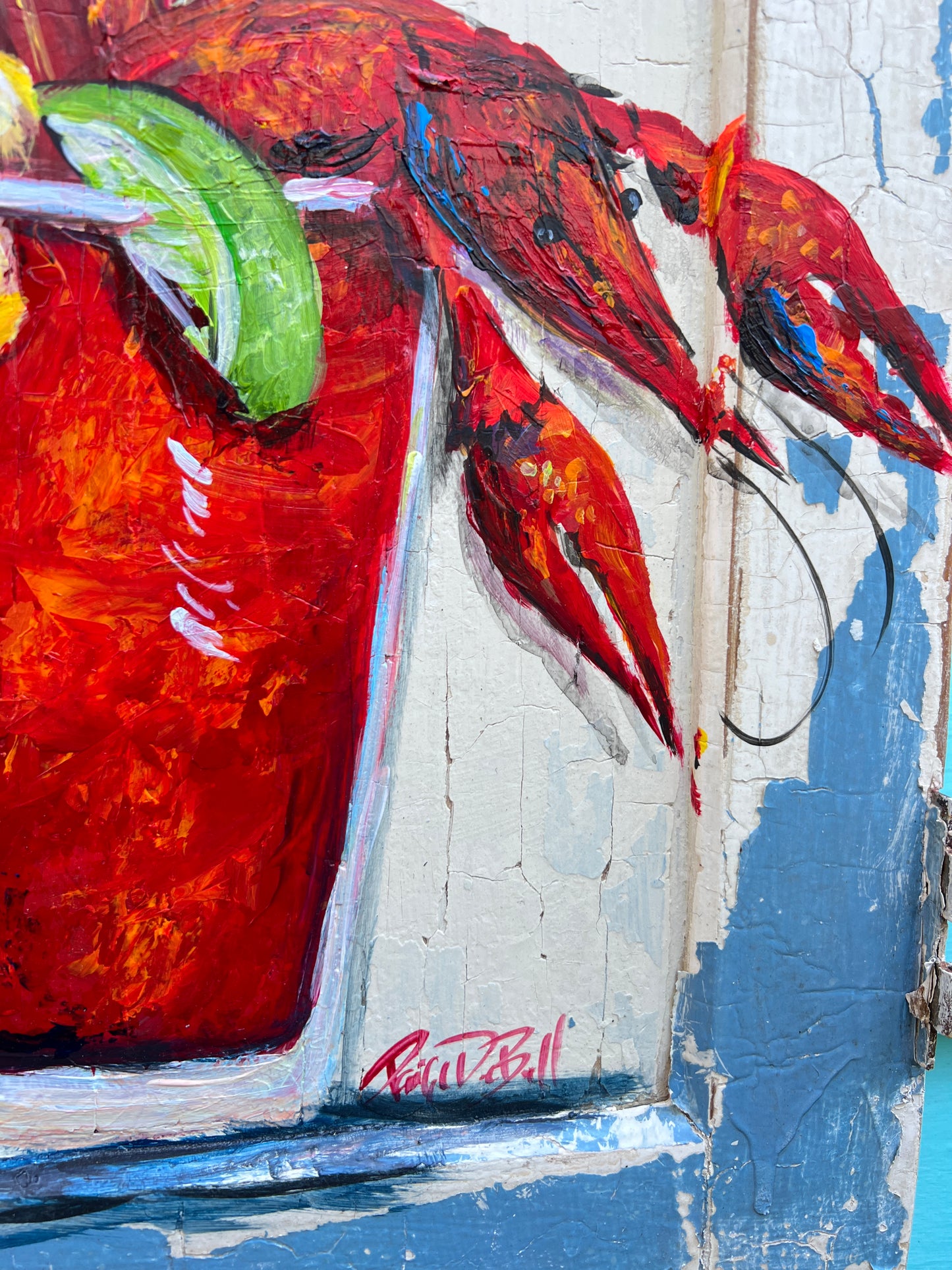 CAJUN BLOODY MARY Original Crawfish Bloody Mary painted on Architectural Salvage by New Orleans artist, Paige DeBell. 24 x 14