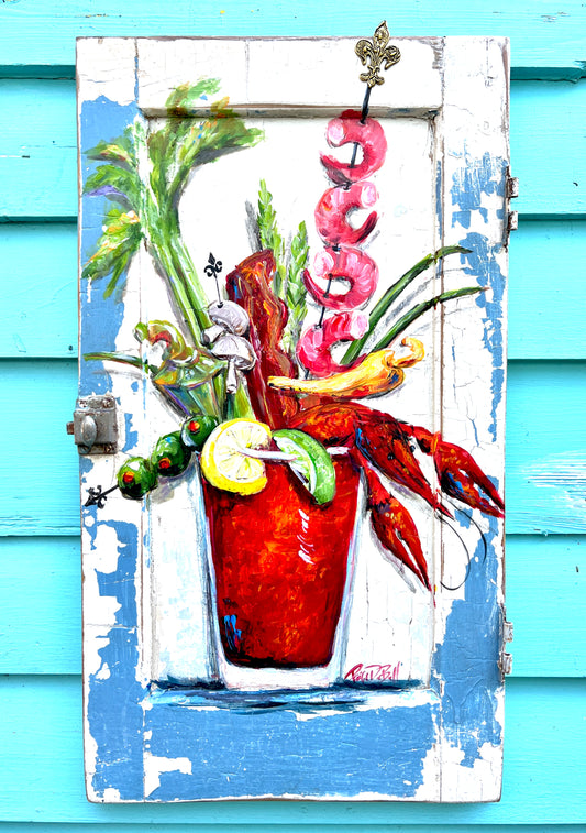 CAJUN BLOODY MARY Original Crawfish Bloody Mary painted on Architectural Salvage by New Orleans artist, Paige DeBell. 24 x 14