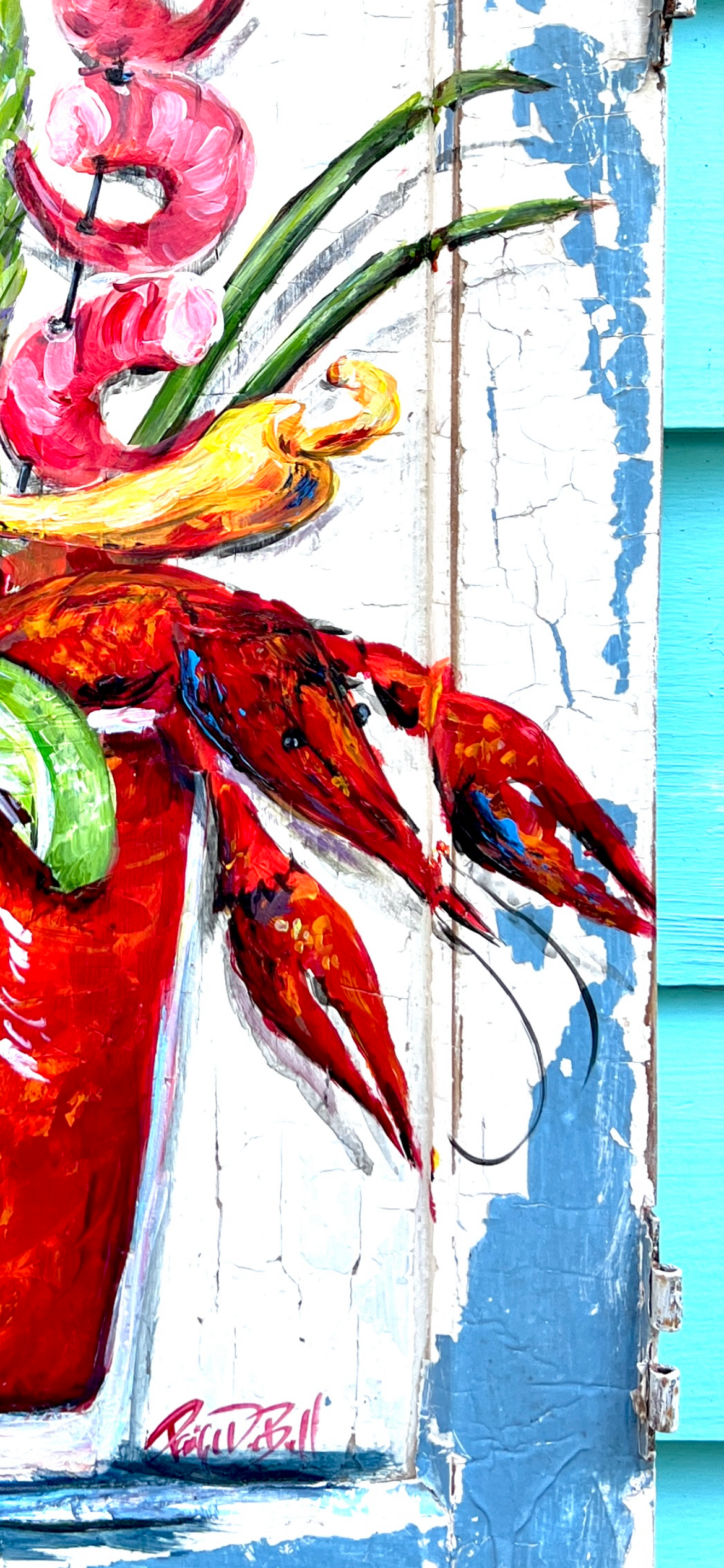 CAJUN BLOODY MARY Original Crawfish Bloody Mary painted on Architectural Salvage by New Orleans artist, Paige DeBell. 24 x 14